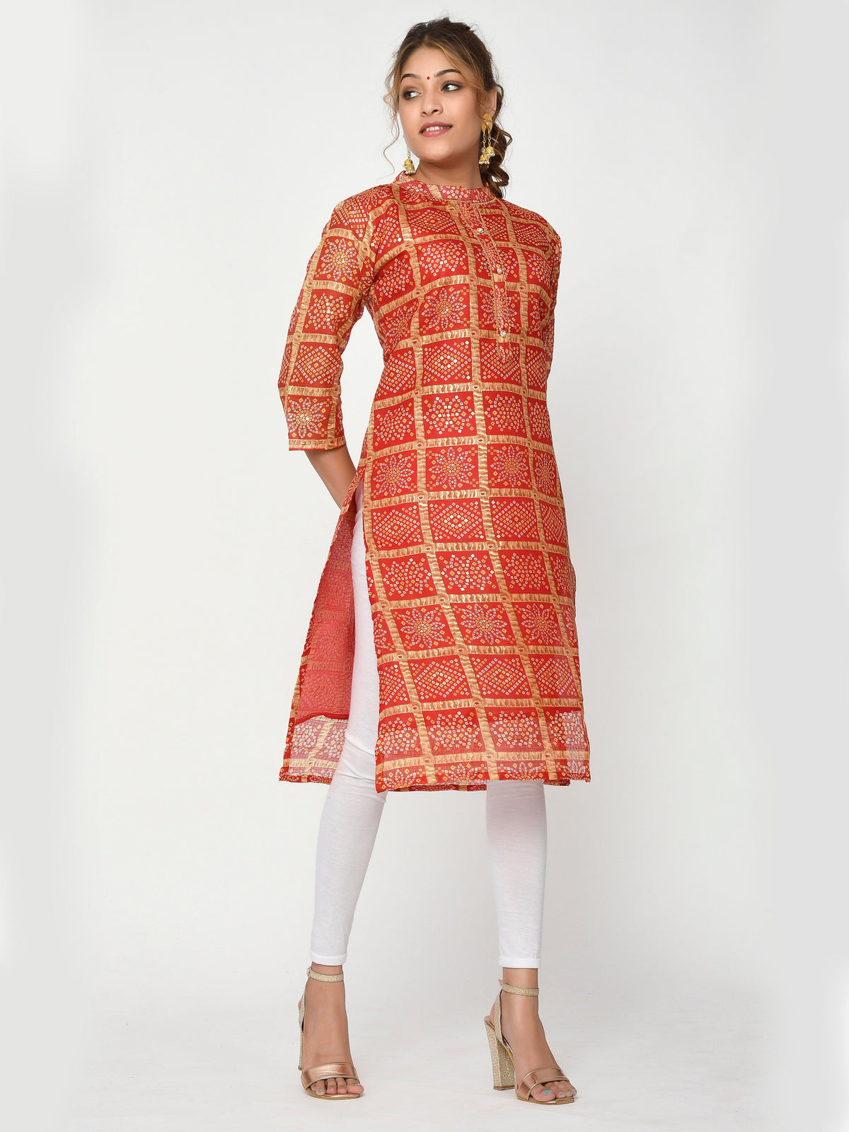 Women Orange & Yellow Chunari Bandhej Straight Aria Kurta