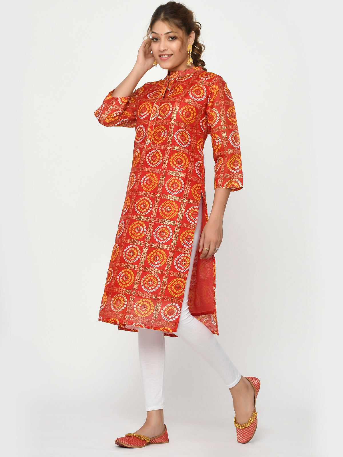 Women Orange & Gold Leheriya Straight Amani Kurta