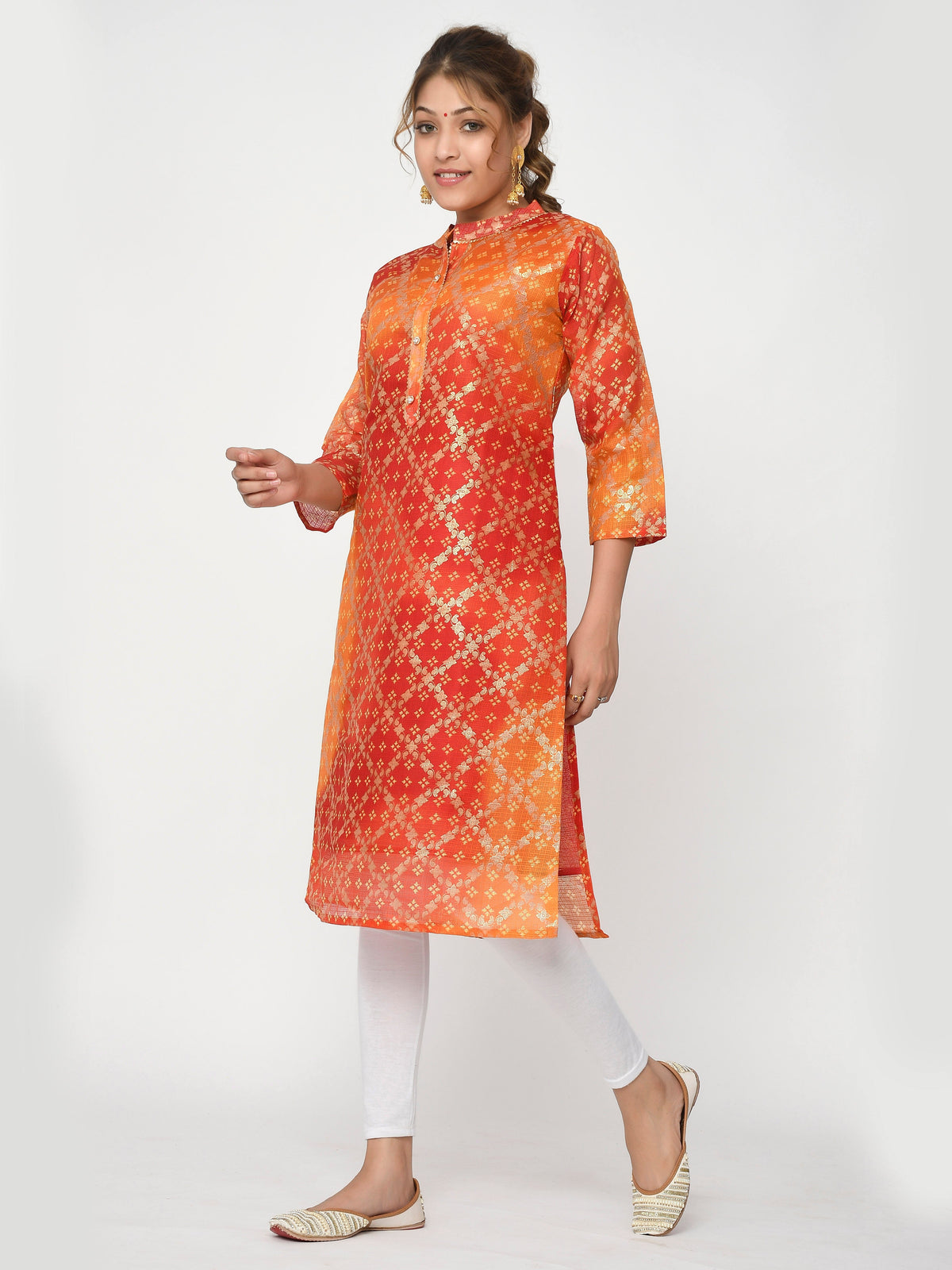 Women Pink & Yellow Chunari Bandhej Straight Adwitiya Kurta