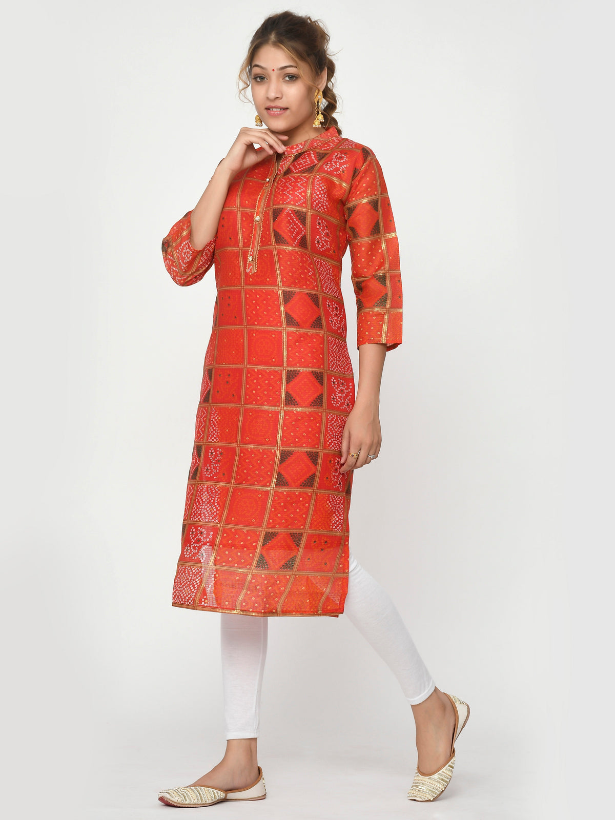 Women Orange & Gold Leheriya Straight Devina Kurta