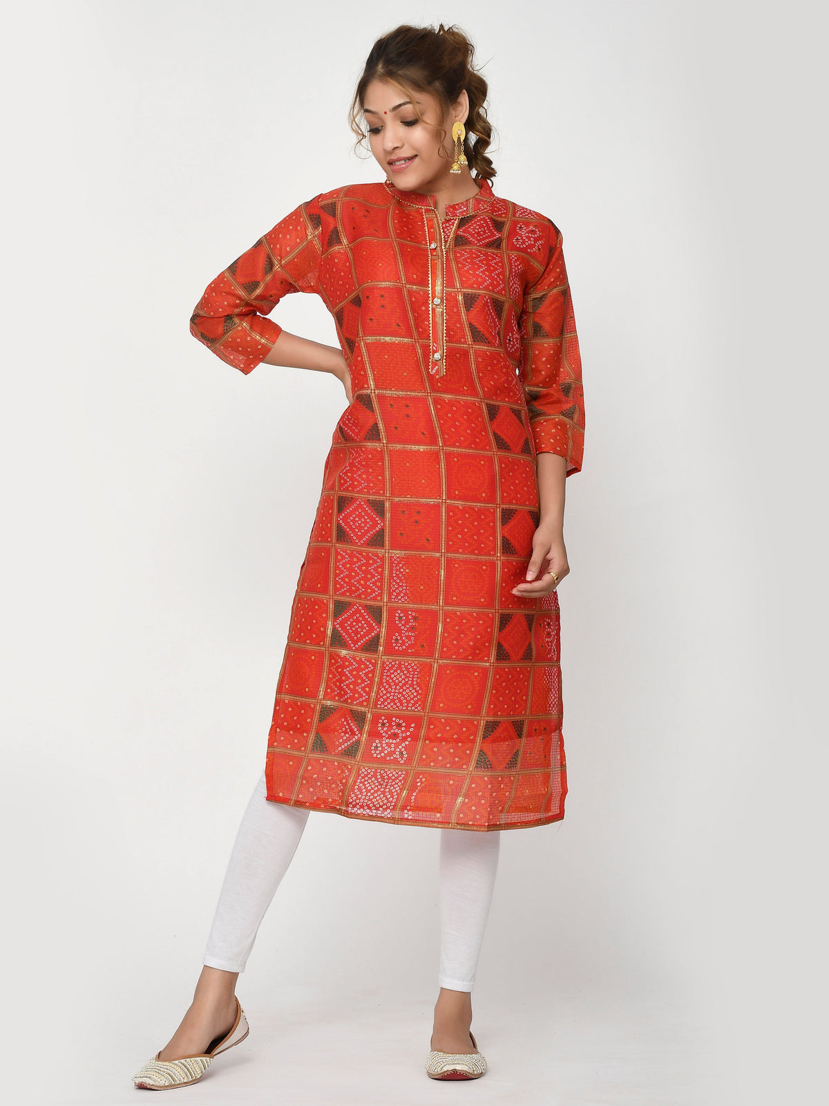 Women Orange & Gold Leheriya Straight Devina Kurta