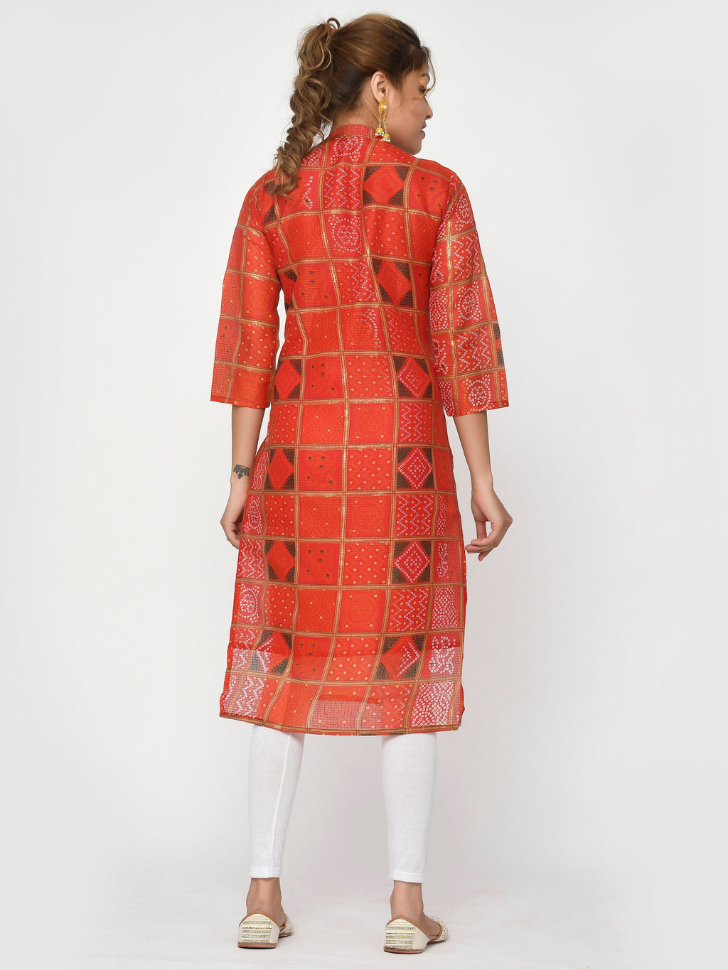 Women Orange & Gold Leheriya Straight Devina Kurta
