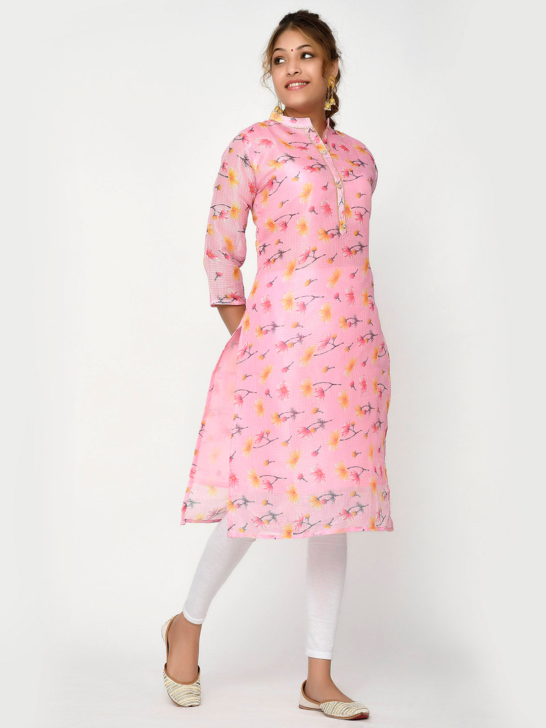 Women Peach & Pink Floral Straight Adiya New Kurta
