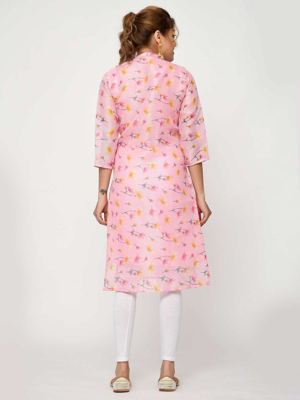 Women Peach & Pink Floral Straight Adiya New Kurta