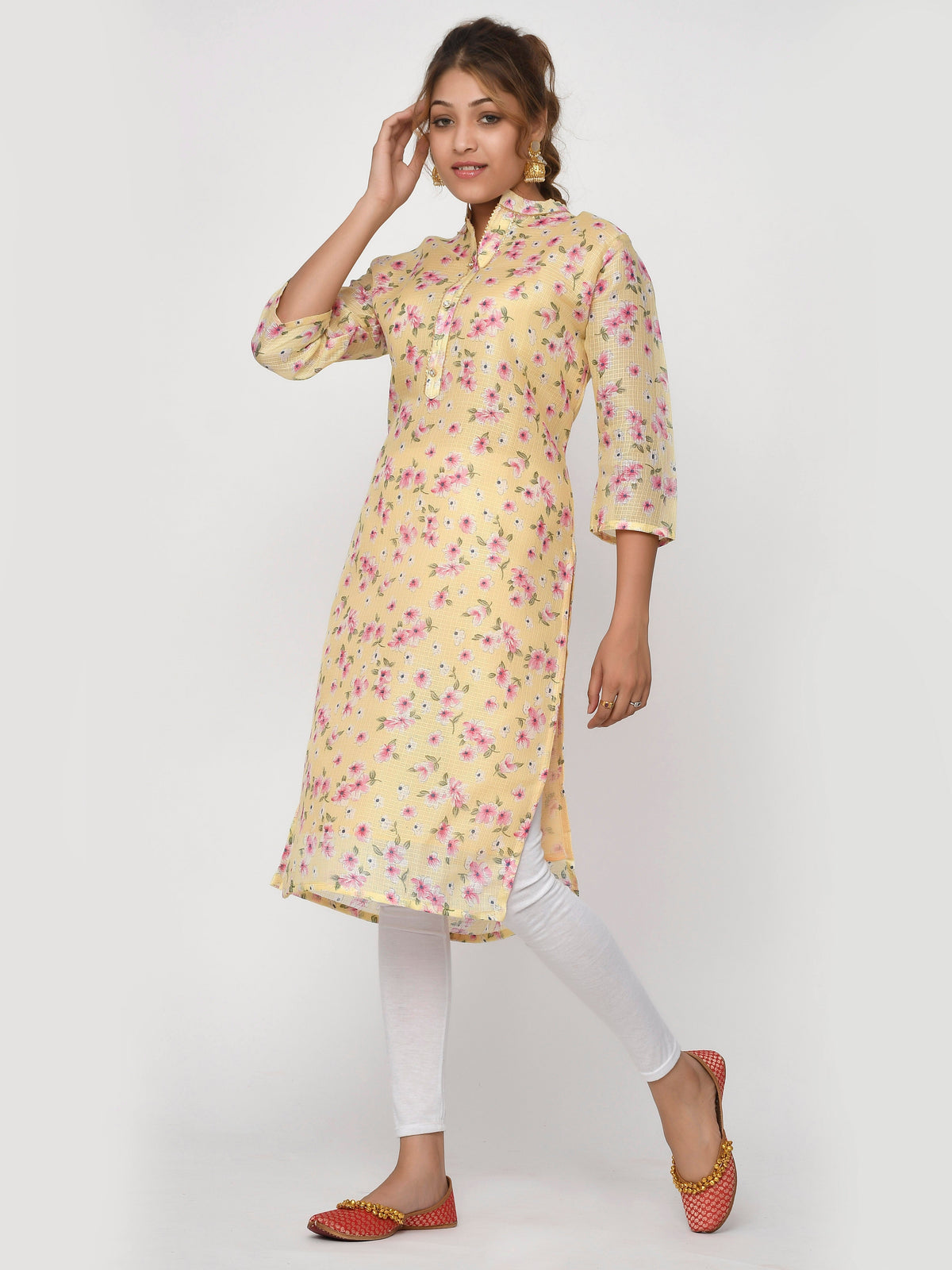 Women Green & Pink Floral Straight Akula Kurta
