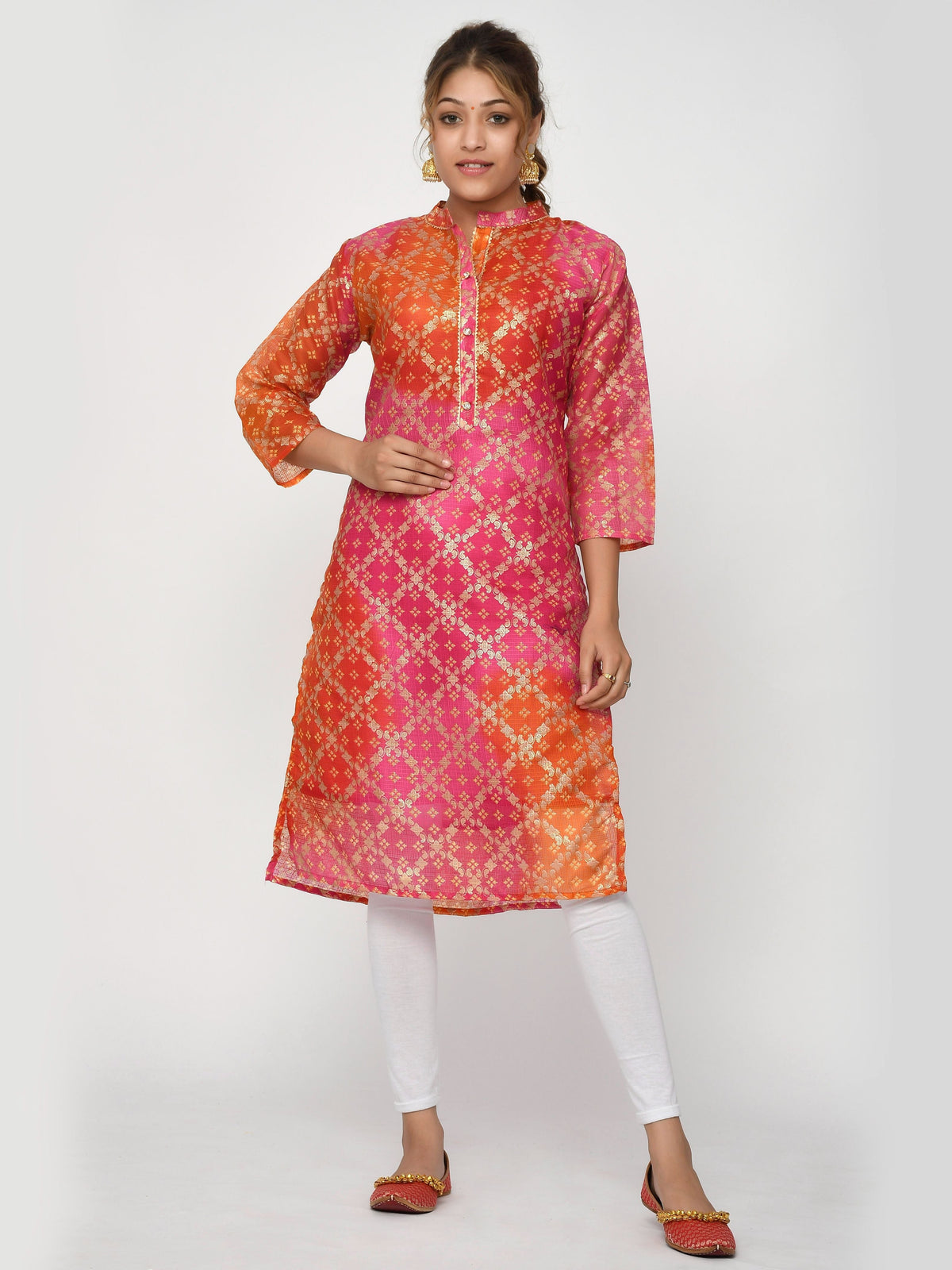 Women Pink & Yellow Chunari Bandhej Straight Ayla Kurta