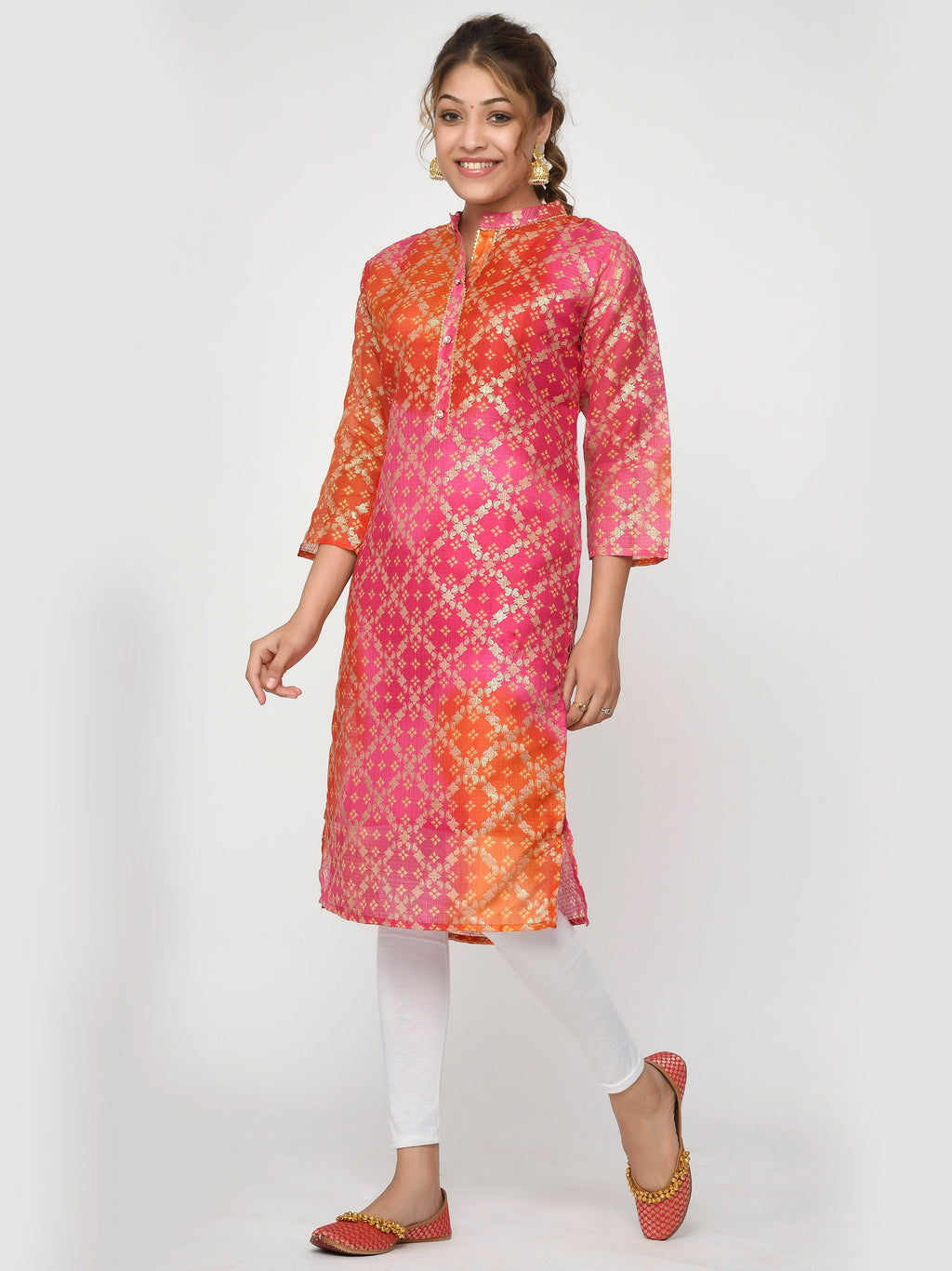 Women Pink & Yellow Chunari Bandhej Straight Ayla Kurta