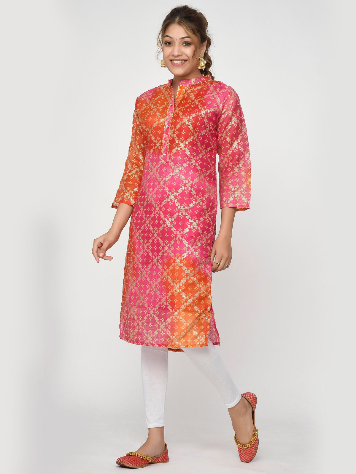 Women Pink & Yellow Chunari Bandhej Straight Ayla Kurta