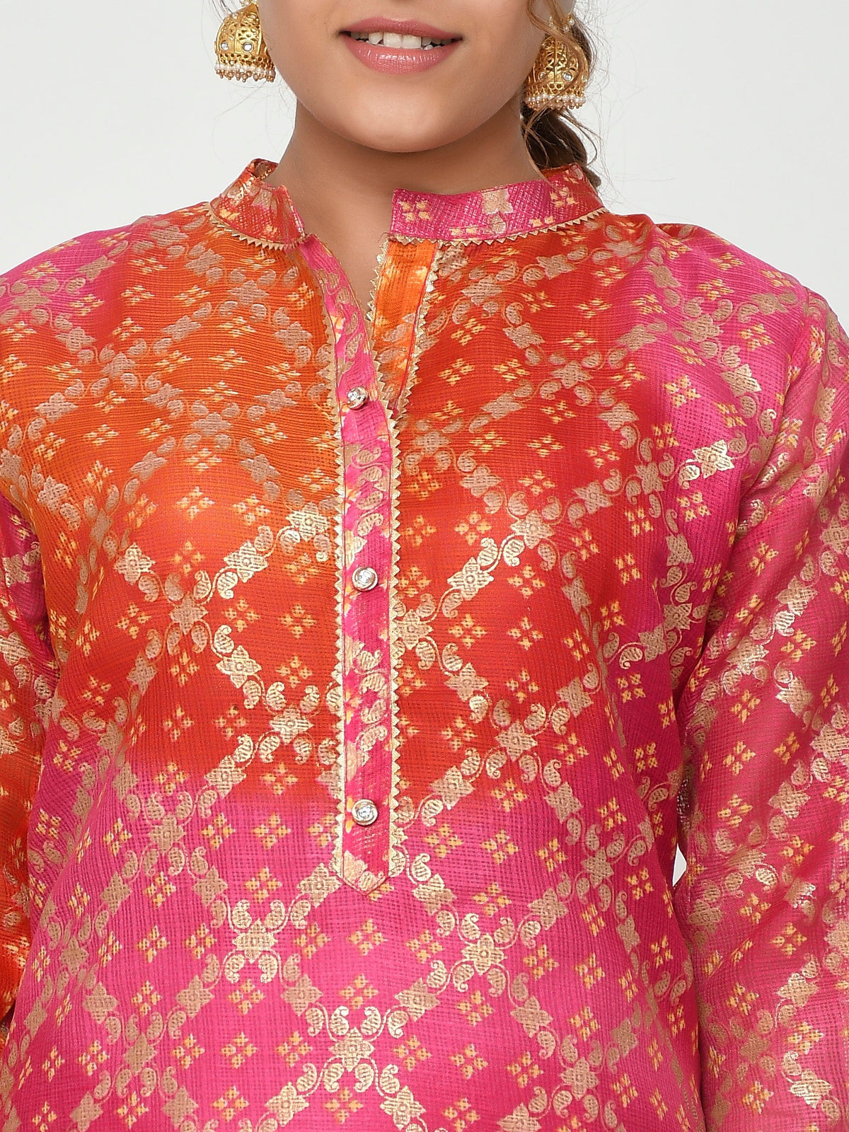 Women Pink & Yellow Chunari Bandhej Straight Ayla Kurta