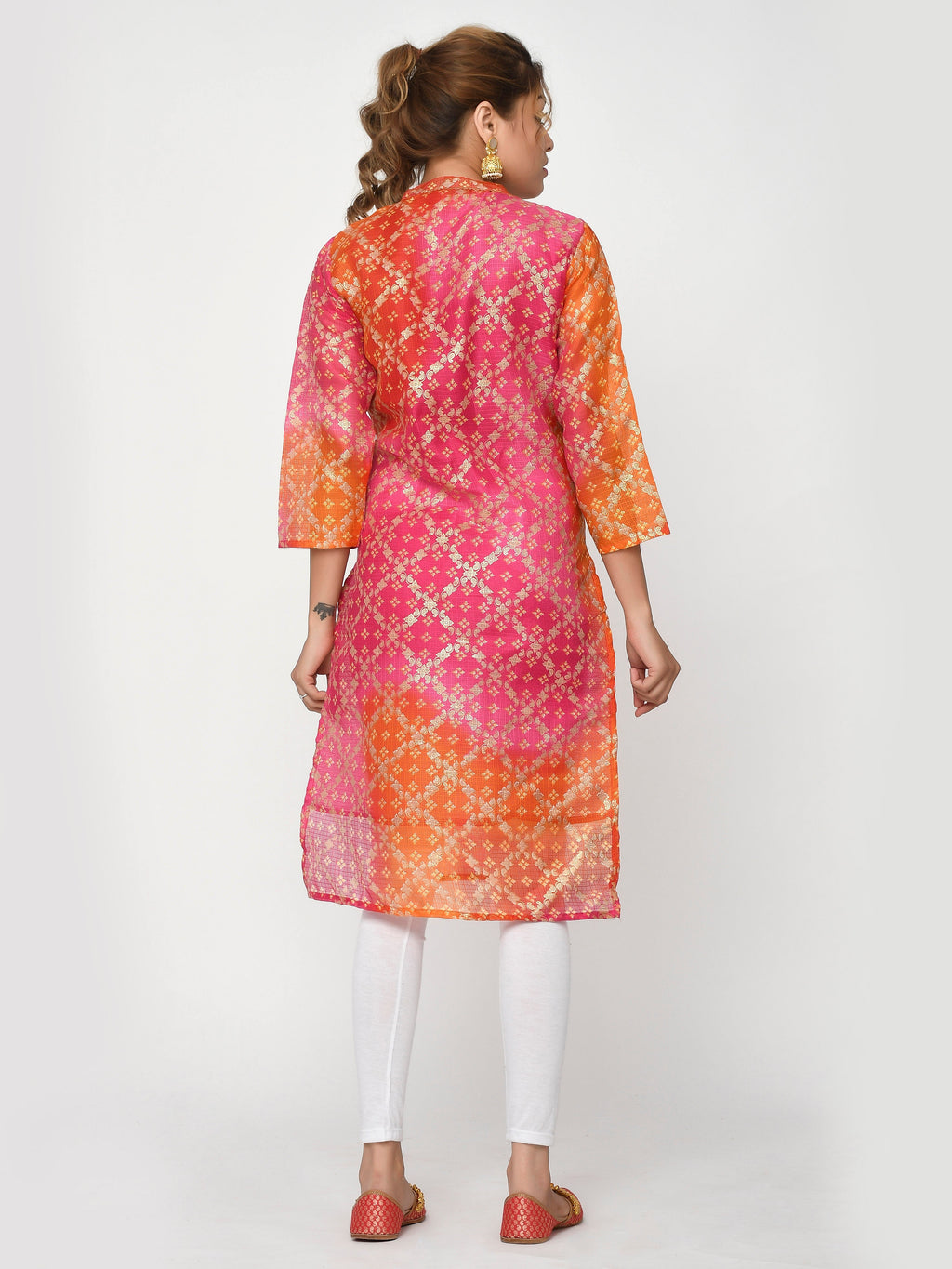 Women Pink & Yellow Chunari Bandhej Straight Ayla Kurta