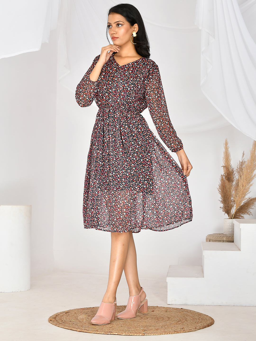 Floral Printed V-Neck Knee Length Western Dress For women/girls